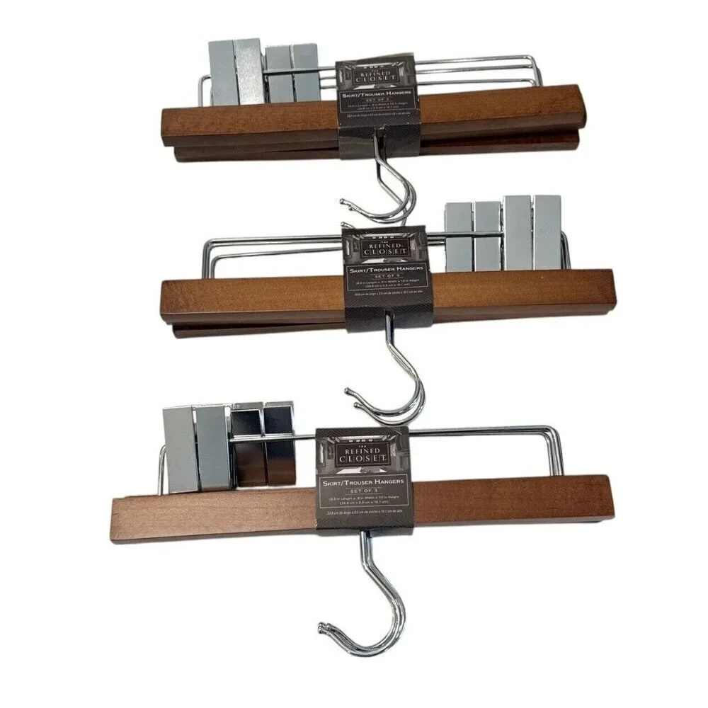 The Refined Closet Wooden Metal Clamp Hangers Pants Trousers Lot of 3 NEW